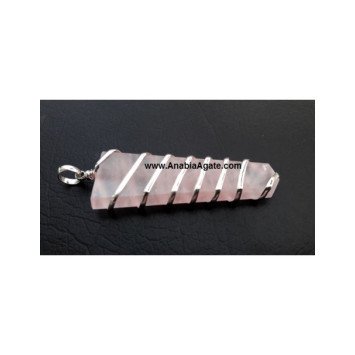 Rose Quartz Flat Stick Wire Wrapped Pendant - Bulk Buy