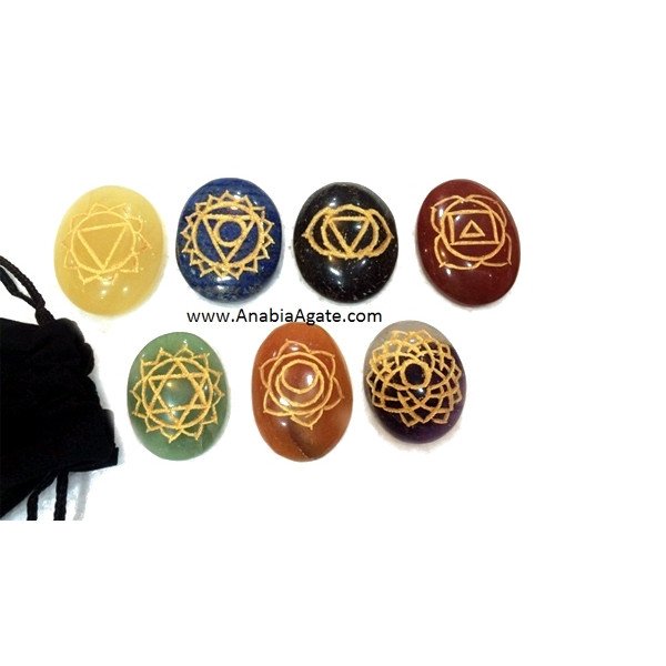 Chakra Engraved Oval Set with Pouch - Balanced Energy Healing Crystals