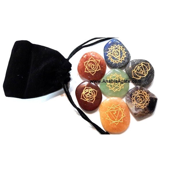 Chakra Stones Engraved Palmstone Set with Velvet Pouch