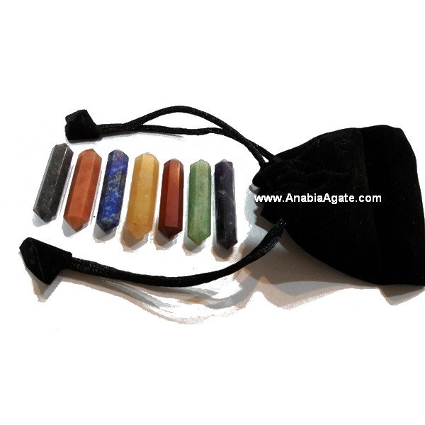 Double Terminated Chakra Pencil Set with Velvet Pouch | Spiritual Healing Crystals
