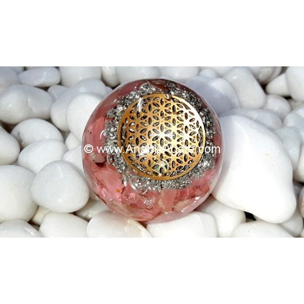Rose Quartz Orgone Ball with Metal Flower Of Life Symbol - 40mm