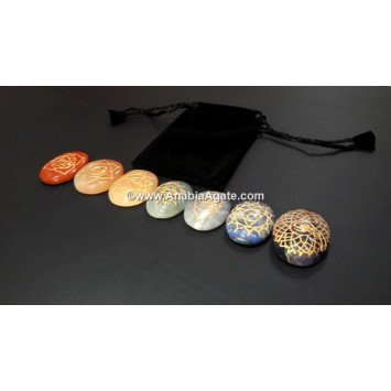 Chakra Oval Stones Engraved with Sanskrit Letters in Velvet Pouch - Balancing Energy and Harmony