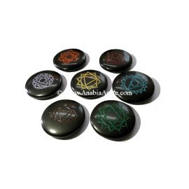 Black Agate Colorful Chakra Engraved Disc Set