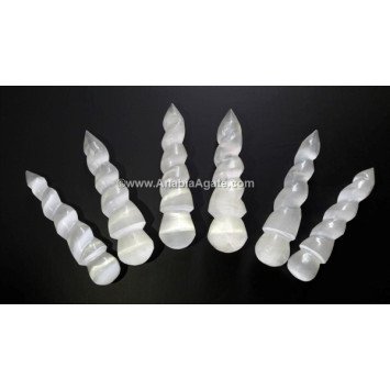 Selenite Twisted Unicorn Horn Massage Wand - Healing Crystal Tool