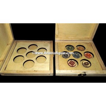 Chakra Engraved Crystal Disc Set with Printed Flower of Life Wooden Box