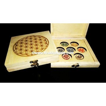 Chakra Engraved Crystal Disc Set with Printed Flower of Life Wooden Box