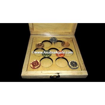 Chakra Engraved Crystal Disc Set with Printed Flower of Life Wooden Box