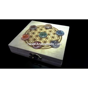 Chakra Engraved Crystal Disc Set with Printed Flower of Life Wooden Box