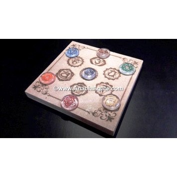 Colorful Chakra Engraved Crystal Disc Set with Chakra Etched 7-Hole Wooden Box