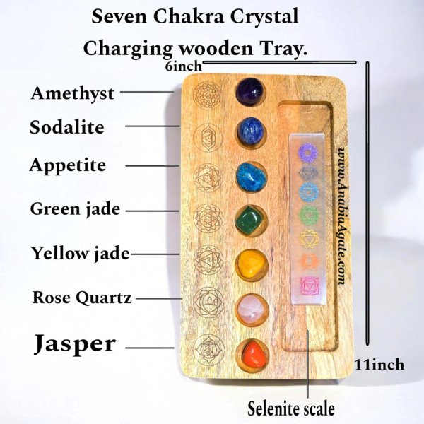 7 Chakra Crystal Wooden Charging Tray with Tumbled Stones & Selenite Scale