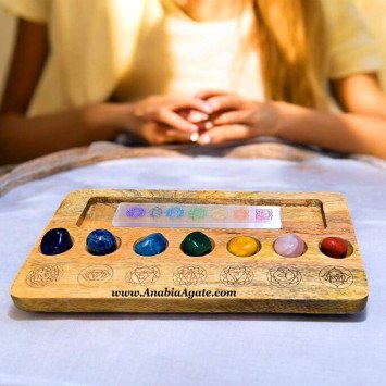 7 Chakra Crystal Wooden Charging Tray with Tumbled Stones & Selenite Scale