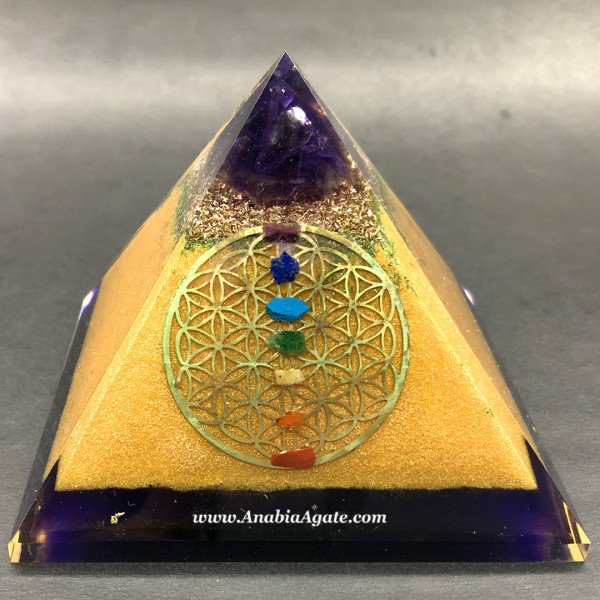 7 Chakra Orgone Pyramid with Flower of Life Symbol - Energy Healing Crystal Pyramid