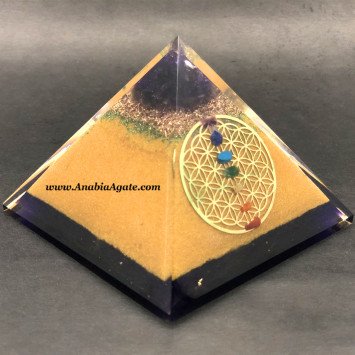 7 Chakra Orgone Pyramid with Flower of Life Symbol - Energy Healing Crystal Pyramid