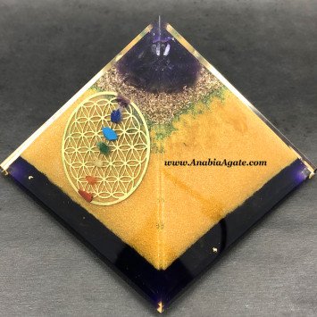 7 Chakra Orgone Pyramid with Flower of Life Symbol - Energy Healing Crystal Pyramid