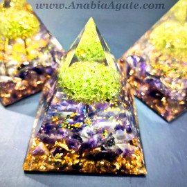 Amethyst Tumble Orgone Pyramid with Peridot Tree - Healing Crystal Art