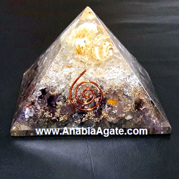 Amethyst, Crystal Quartz, Shell Orgone Pyramid - 50-60mm | Positive Energy Generator