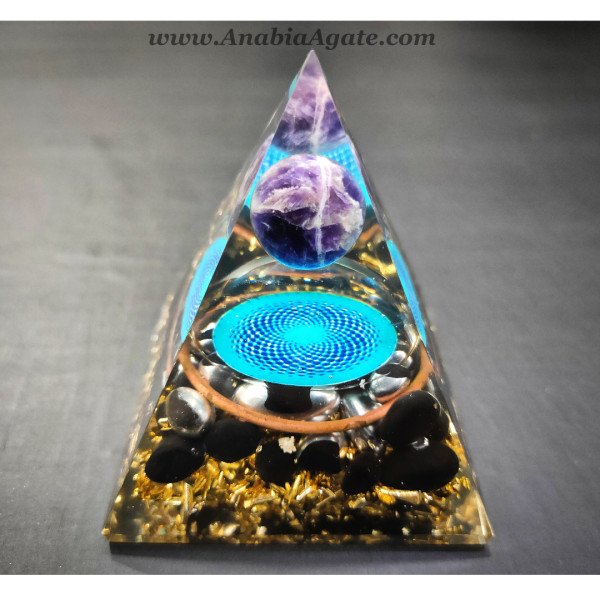 Black Tourmaline Orgone Pyramid with Amethyst Ball – Energy Protection & Healing