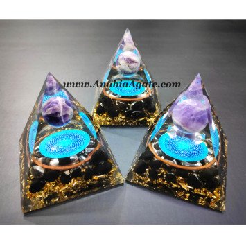 Black Tourmaline Orgone Pyramid with Amethyst Ball – Energy Protection & Healing