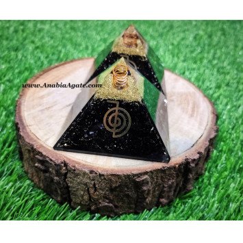 Black Tourmaline Orgone Pyramid with Cho Ku Rei Symbol - Energy Healing and Protection