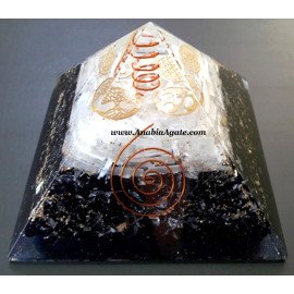Big Size Orgone Selenite and Black Tourmaline Pyramid with 4 Metal Symbols