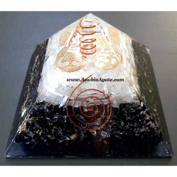 Big Size Orgone Selenite and Black Tourmaline Pyramid with 4 Metal Symbols