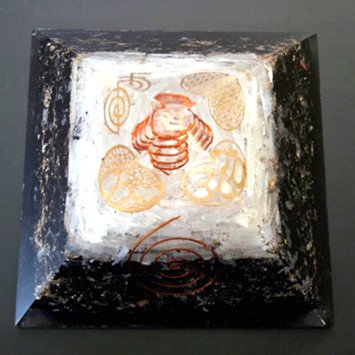 Big Size Orgone Selenite and Black Tourmaline Pyramid with 4 Metal Symbols