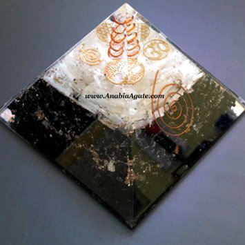 Big Size Orgone Selenite and Black Tourmaline Pyramid with 4 Metal Symbols
