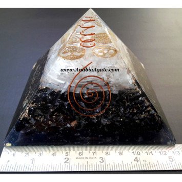 Big Size Orgone Selenite and Black Tourmaline Pyramid with 4 Metal Symbols