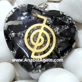 Black Tourmaline Orgone Heart Pendant With Metal Cho Ku Rei Reiki Symbol