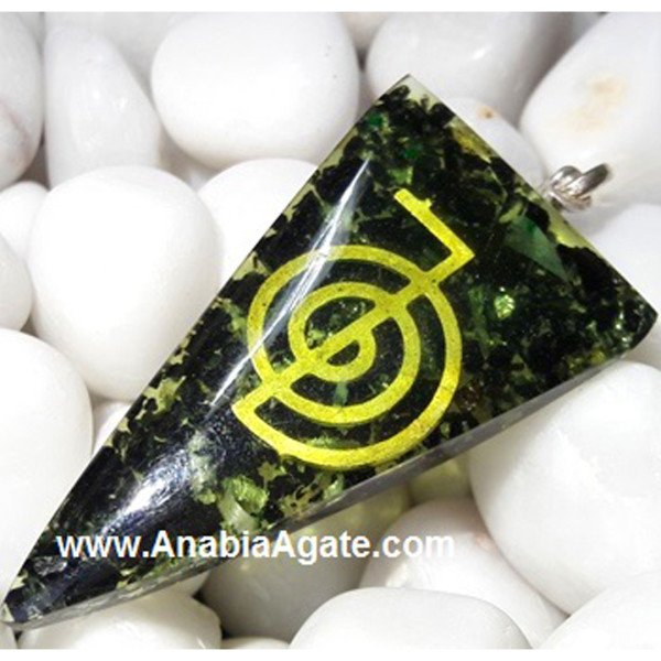 Black Tourmaline Orgone Triangle Pendant With Metal Cho Ku Rei Symbol
