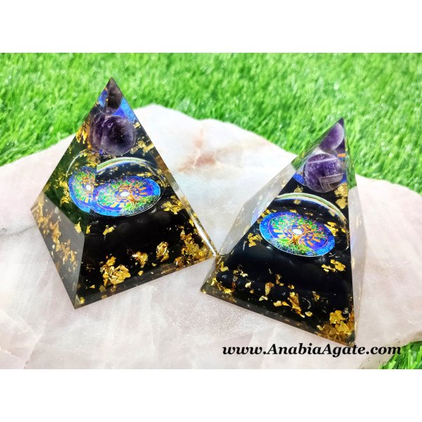 Black Tourmaline Orgone Pyramid with Amethyst Sphere & Tree of Life Symbol