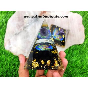Black Tourmaline Orgone Pyramid with Amethyst Sphere & Tree of Life Symbol