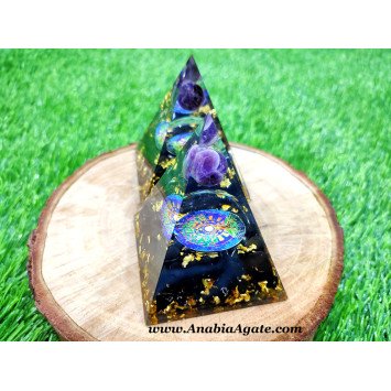 Black Tourmaline Orgone Pyramid with Amethyst Sphere & Tree of Life Symbol