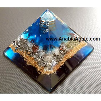 Blue Orgone Pyramid with Wire Wrapped Crystal Quartz Point - Energetic Healing & Meditation