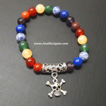 7 Chakra Healing Bracelet with Danger Sign Charm - Balance and Protection