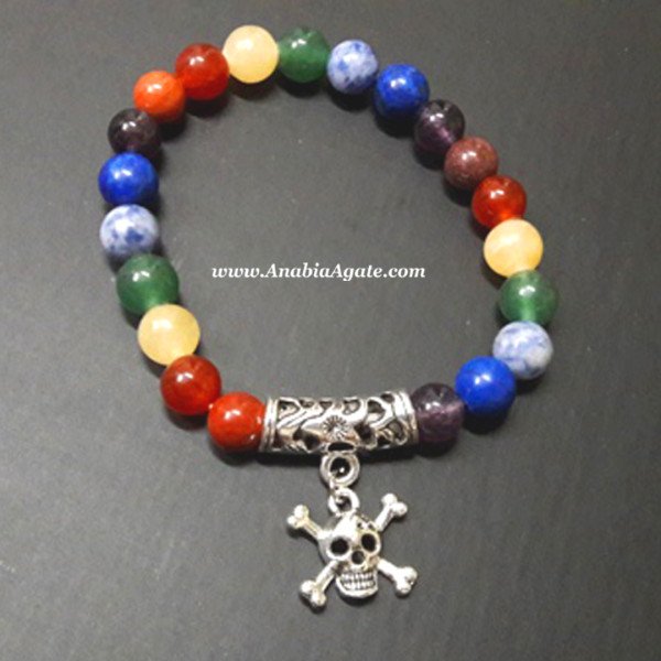 7 Chakra Healing Bracelet with Danger Sign Charm - Balance and Protection