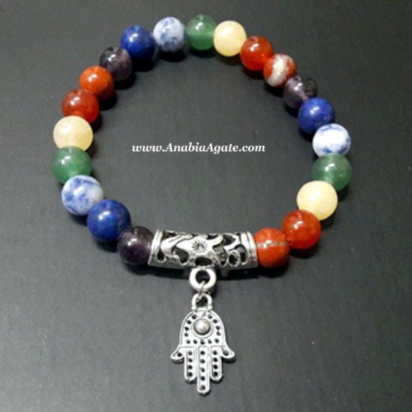 Chakra Beads Bracelet with Hamsa Charm - Balance and Protection