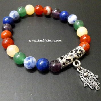 Chakra Beads Bracelet with Hamsa Charm - Balance and Protection