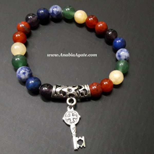 7 Chakra Beads Bracelet with Key Charm - Handcrafted Healing Jewelry