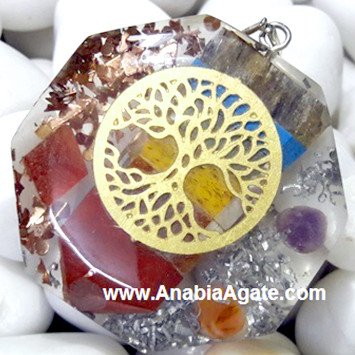 Chakra Bonded Flat Stick Infused in Orgone Octagon Pendant with Metal Tree of Life