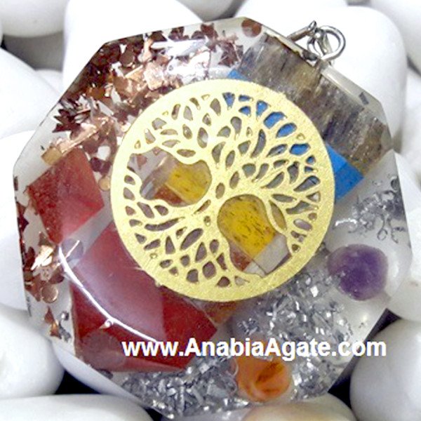Chakra Bonded Flat Stick Infused in Orgone Octagon Pendant with Metal Tree of Life
