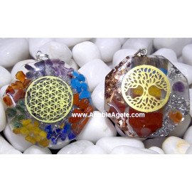 Chakra Orgone Octagon Pendant with Metal Symbols - Healing Energy Jewelry