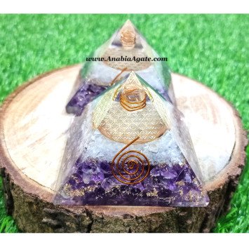 Crystal Quartz & Amethyst with Flower of Life Orgone Pyramid