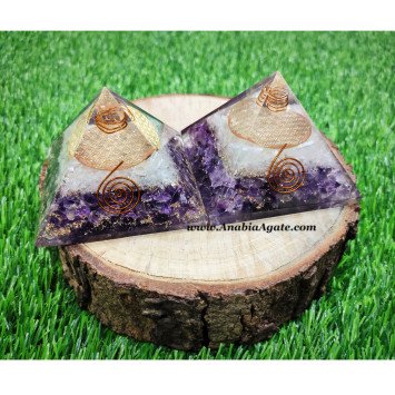 Crystal Quartz & Amethyst with Flower of Life Orgone Pyramid