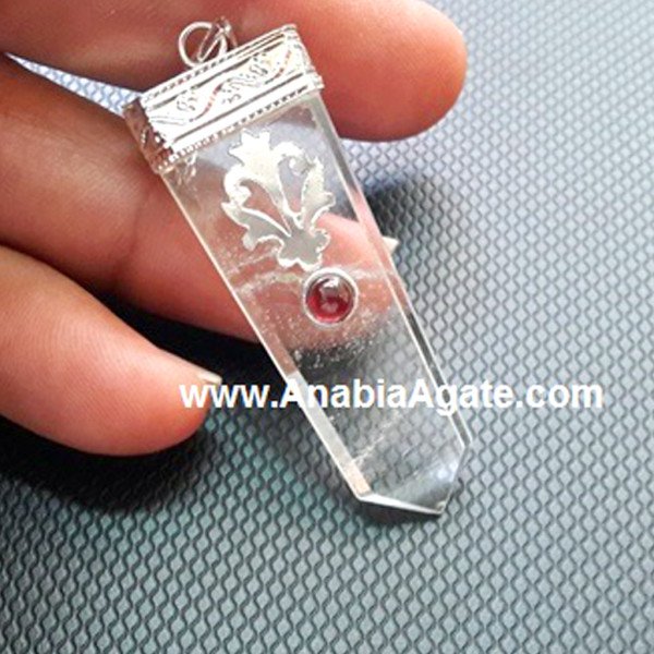 Crystal Quartz Flat Stick Pendant with Garnet | Handcrafted Jewelry