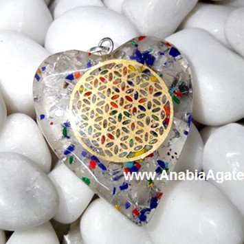 Crystal Quartz Orgone Heart Pendant With Metal Flower of Life - Healing Energy Necklace