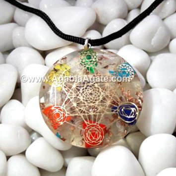 Crystal Quartz Orgone Pendant With Metatron Metal Symbol And Chakra Stones