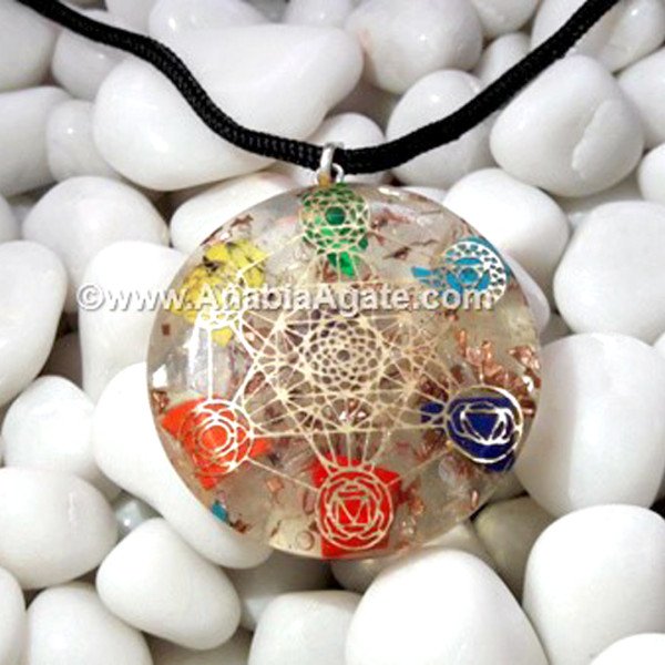 Crystal Quartz Orgone Pendant With Metatron Metal Symbol And Chakra Stones