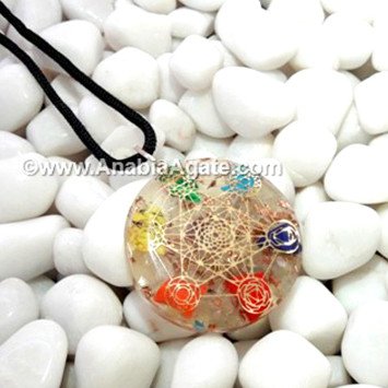 Crystal Quartz Orgone Pendant With Metatron Metal Symbol And Chakra Stones