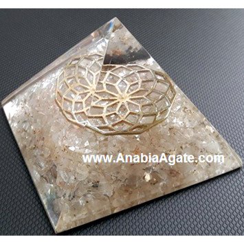 Crystal Quartz Orgone Pyramid with Metal Flower of Life - Energy Healing and Balancing Tool